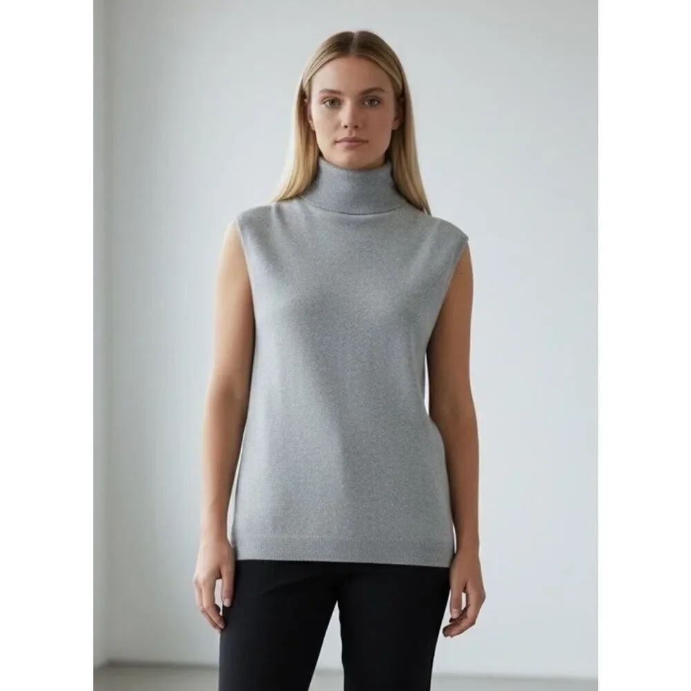 NWT Lafayette 148 New York Gray Cashmere Silk Sleeveless Turtleneck Top Size M